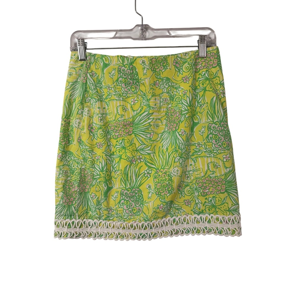 Lilly Pulitzer Size 2 Crazy Cat‎ House Print Cotton Mini Skirt with Crochet Trim